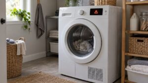A white front load clothes dryer in a home laundry room with an error code showing on its display