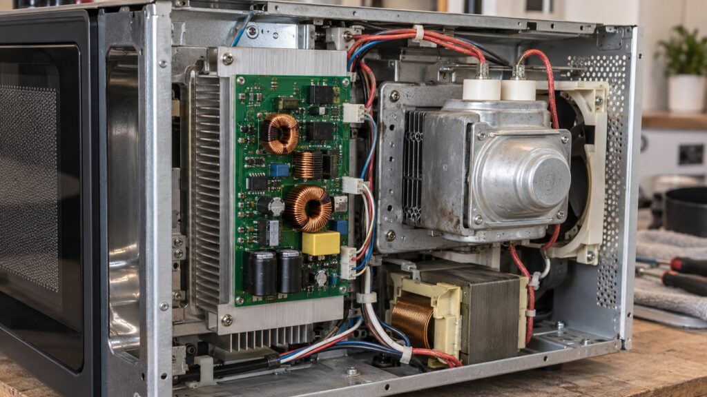 The inside of an opened microwave cabinet showing the inverter power supply board on its heatsink beside the magnetron
