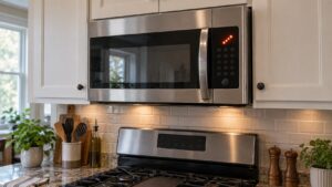An over the range stainless microwave above a kitchen range with a fault code lit on its display