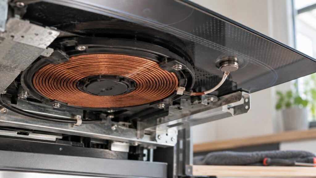The underside of an induction cooktop showing a copper coil and the small temperature sensor pressed against the glass