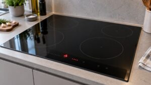 A black glass induction cooktop in a kitchen counter with a fault code lit on the touch control strip