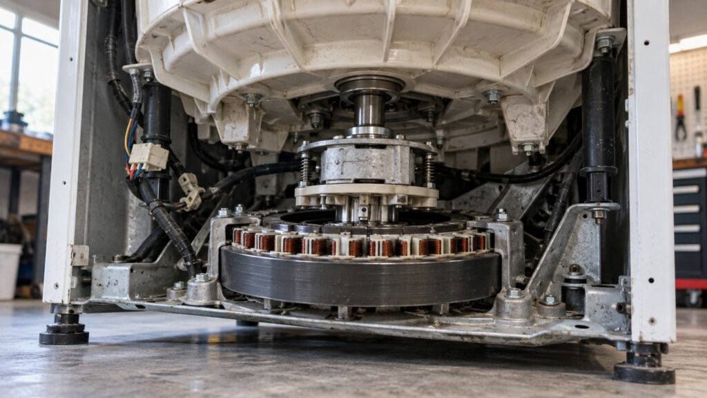 The underside of a top load washer showing the direct drive rotor stator and the clutch assembly on the shaft