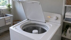 A white top load washing machine in a laundry room with its lid open and a code on the console