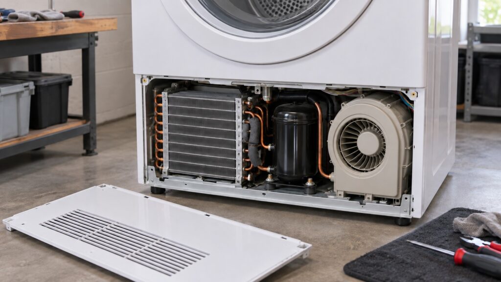 The lower access panel of a heat pump dryer removed to show the compressor the evaporator coil and the blower