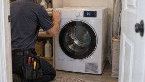 A ventless heat pump clothes dryer standing in a closet laundry with a code lit on its display