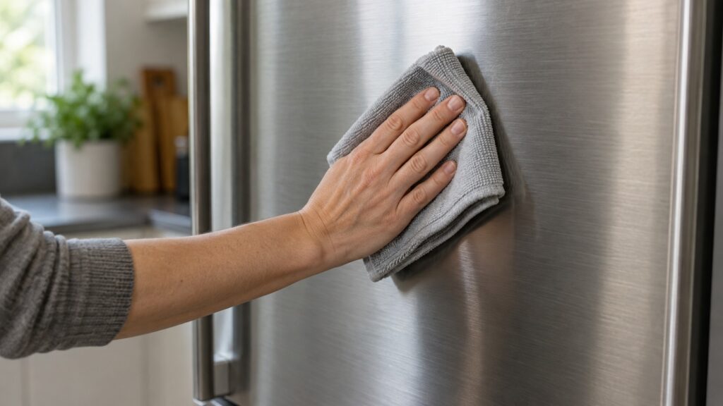 A hand wiping a stainless steel appliance door with a folded microfiber cloth following the grain of the steel