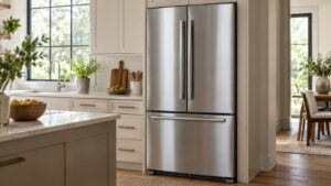 A stainless steel french door refrigerator in a bright kitchen with no fingerprints visible on the doors