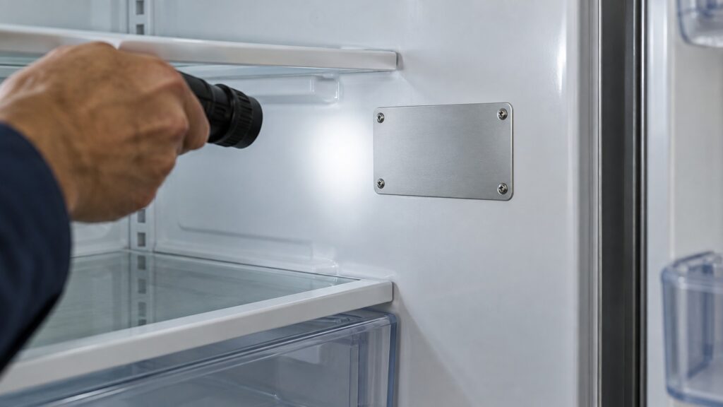 A close-up of the model and serial rating plate on the interior wall of an LG refrigerator's fresh-food compartment