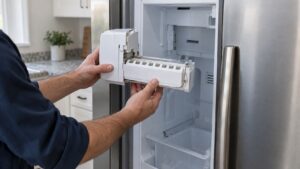 A technician's hands holding a small craft ice maker module beside the open freezer compartment of a stainless steel LG side-by-side refrigerator