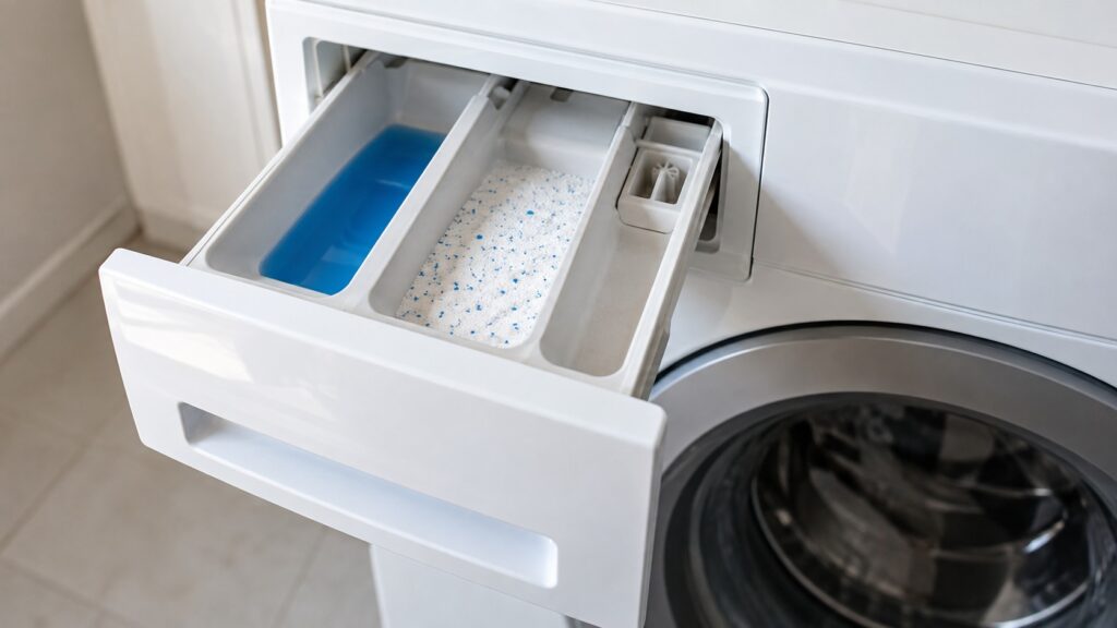 A close-up of the detergent dispenser drawer pulled open on a front-load LG washing machine, showing the liquid and powder compartments