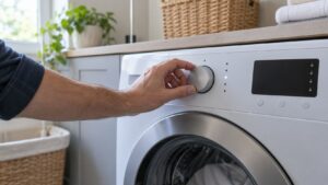 A front-load LG washing machine control panel with the ColdWash cycle option selected and lit, hand resting near the dial