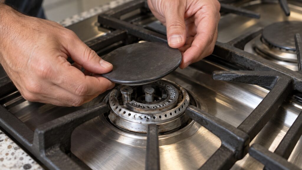 A close-up of a technician's hands lifting a burner cap off a gas range to reveal the wide ring of flame ports underneath