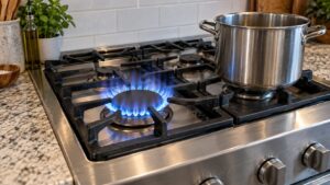 A wide-angle view of a stainless steel LG gas range cooktop with a tall blue flame burning on one large burner while a stockpot sits beside it unlit