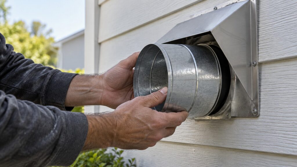 An installer's hands holding a round metal duct fitting up against an exterior wall cap during a range hood installation