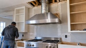 A wide shot of a stainless steel LG range hood mounted above a gas range in a kitchen under renovation, with round metal ductwork visible running up through an open ceiling cavity