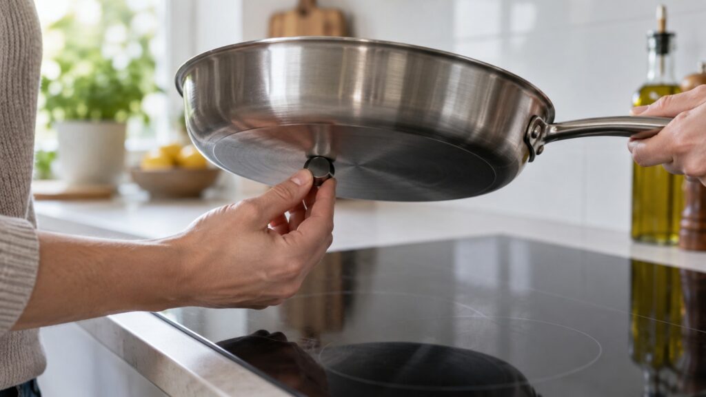 A close-up of a magnet being held against the bottom of a stainless steel pan to test induction compatibility above an LG cooktop
