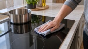 A hand wiping a black glass LG induction cooktop with a soft cloth while it is still warm, a flat-bottomed stainless steel pot sitting nearby