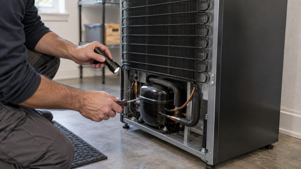 A technician's hands inspecting the compressor and condenser coils at the back of an LG wine cooler pulled away from the wall