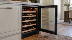A built-in LG wine cooler with its glass door open, rows of wine bottles visible on the shelves inside a home kitchen