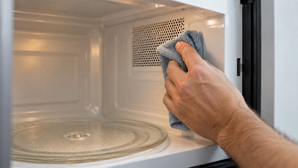 A close-up of a hand wiping a small ventilation grille on the interior side wall of an open LG microwave cavity with a damp cloth