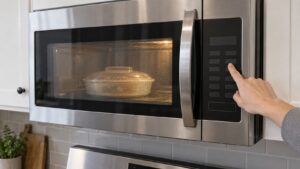 A hand pressing the Sensor Cook button on the control panel of a stainless steel LG over-the-range microwave, a covered dish visible inside through the door