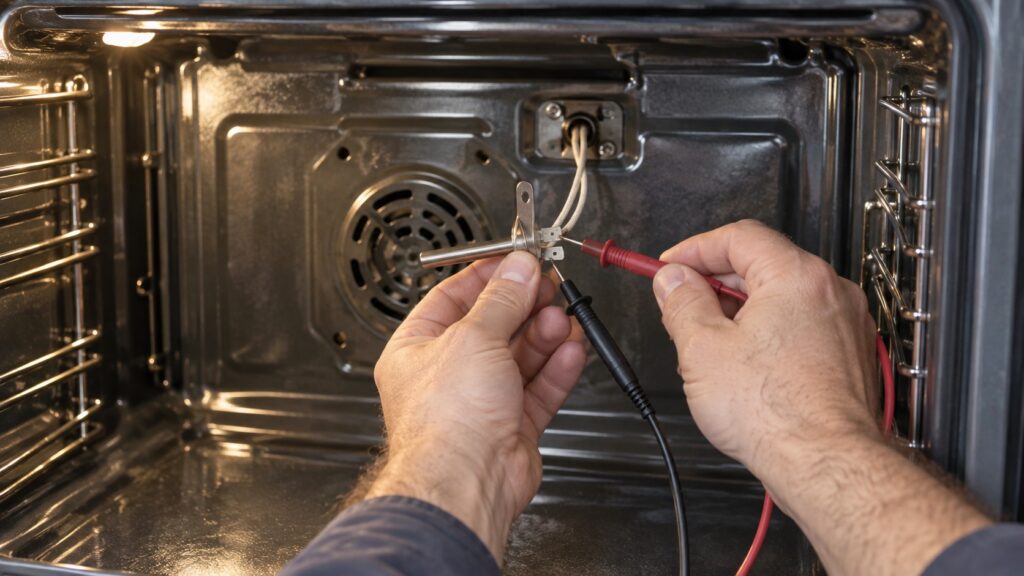 A technician's hands holding a multimeter probe against a temperature sensor removed from the back wall of an LG range's oven cavity