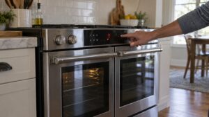 A wide shot of a stainless steel LG double-oven range in a kitchen, its control panel display glowing with an unreadable fault code, a hand reaching toward the keypad