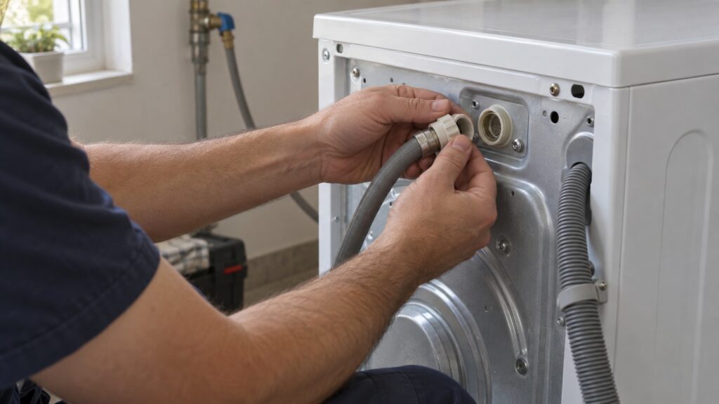 A hand unscrewing the inlet hose at the back of a washing machine to reach the screen inside