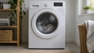A white front load washing machine with its door closed and a light haze of vapor on the glass