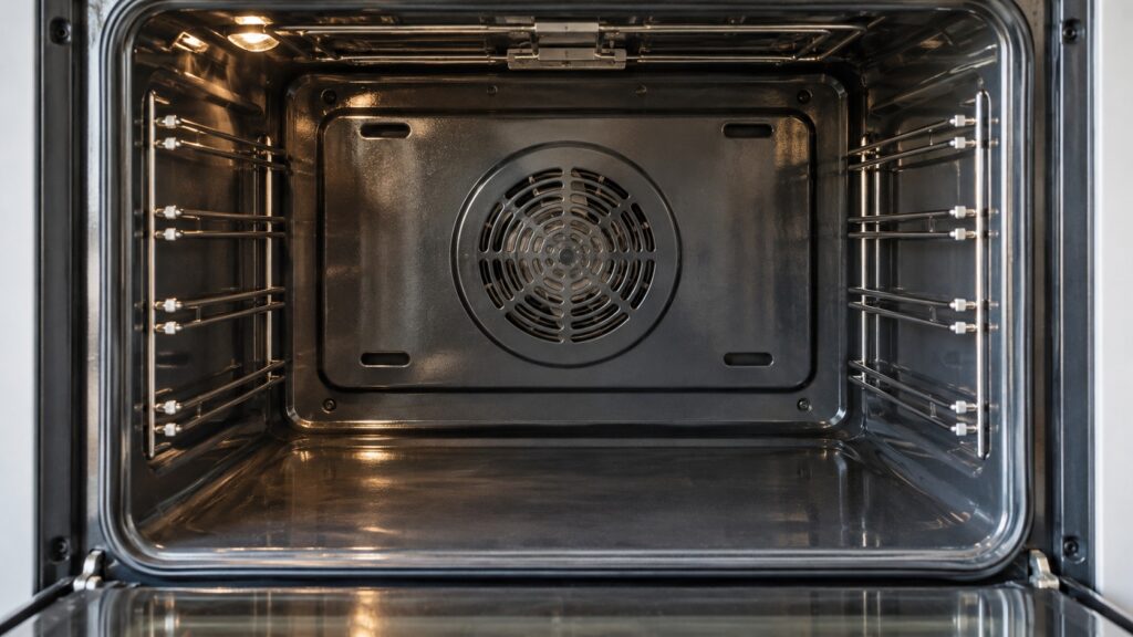The inside of an empty oven cavity showing the circular convection fan cover on the rear wall