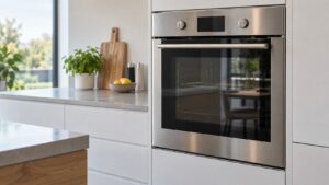 A stainless built-in electric wall oven closed in a bright modern kitchen with a dark glass door