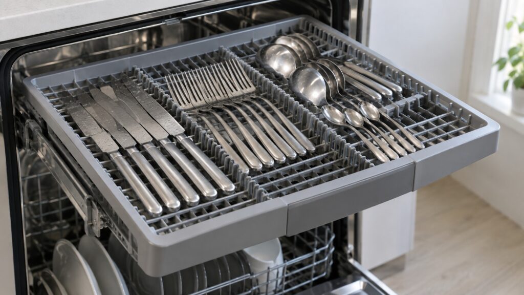 A shallow third rack at the top of an open dishwasher holding flat utensils