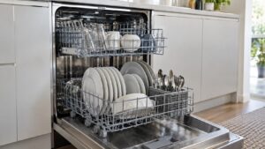 An open stainless dishwasher with both racks pulled out and loaded with clean plates and glasses