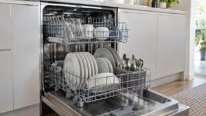 An open stainless dishwasher with both racks pulled out and loaded with clean plates and glasses