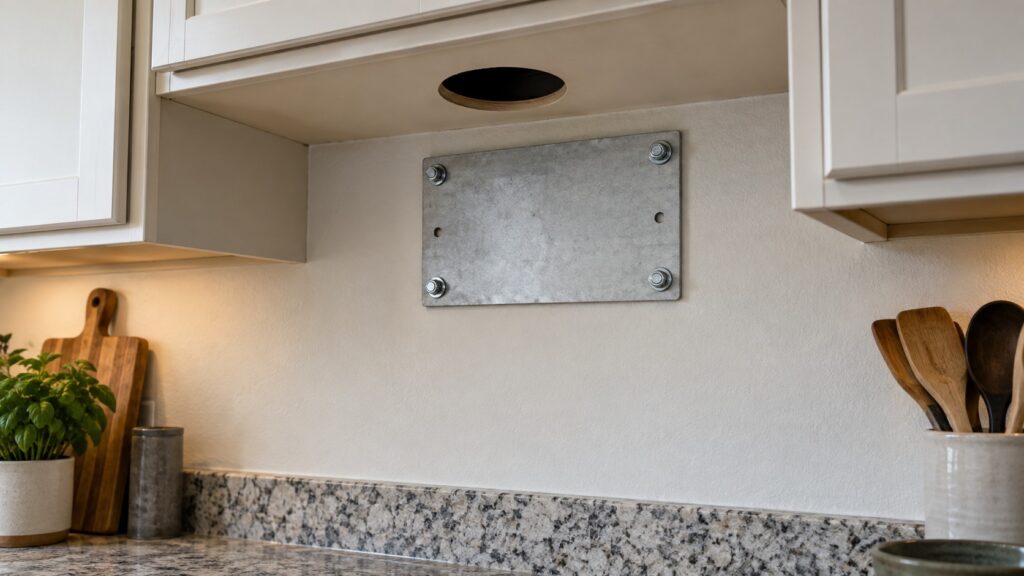 A steel mounting plate bolted to a kitchen wall between cabinets with a hole drilled in the cabinet above