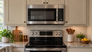 A stainless over-the-range microwave mounted above an electric range between kitchen cabinets