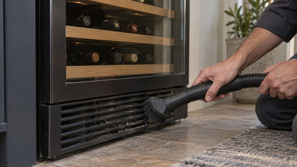 A vacuum brush attachment cleaning dust from the lower vent grille of a wine cabinet