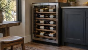 A freestanding wine cooler with a glass door in a kitchen corner filled with bottles on dark shelves
