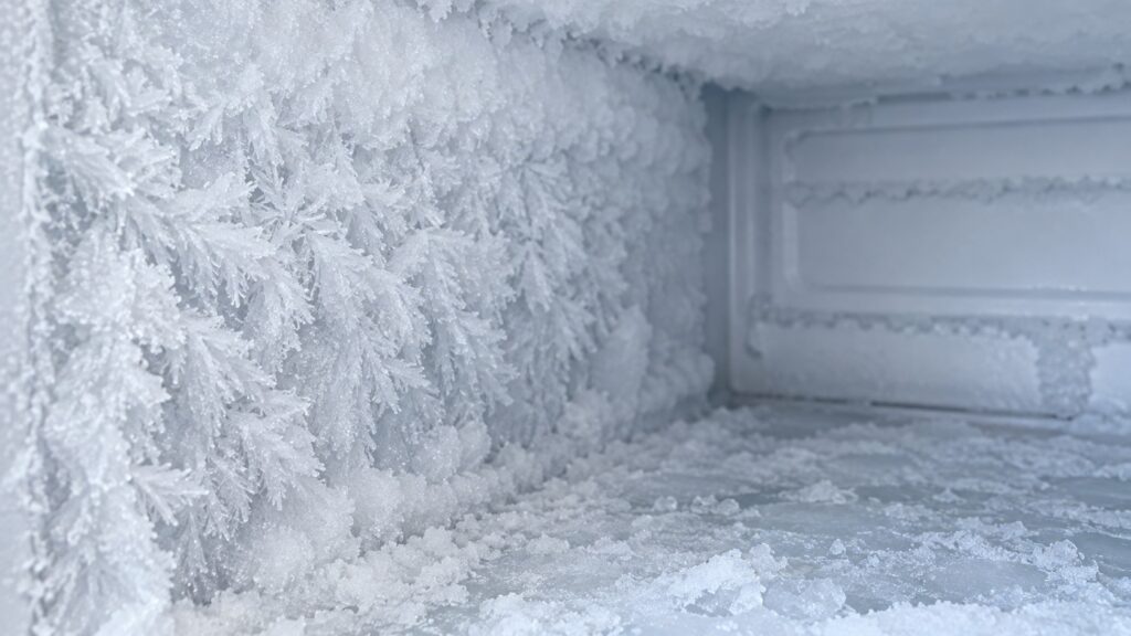 A close view of frost crystals built up along the inside wall of a freezer compartment