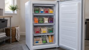An open upright freezer with tidy drawers of labeled frozen packages stacked upright