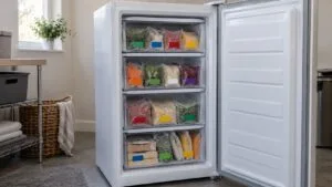 An open upright freezer with tidy drawers of labeled frozen packages stacked upright