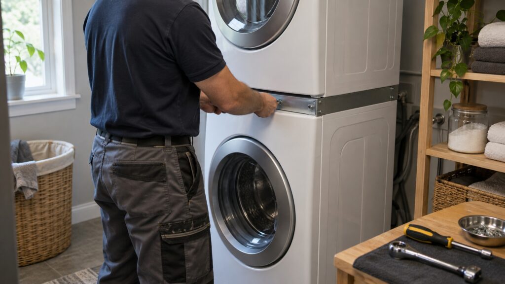 A person securing the stacking bracket between a washer and the dryer sitting on top of it