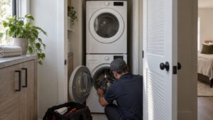 A washer with a dryer stacked above it in a narrow laundry closet beside a kitchen