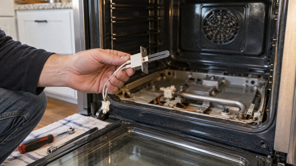 A hand holding a replacement oven igniter in front of an open oven cavity with the bottom panel removed