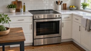 A stainless slide-in electric range with a black glass cooktop set between white kitchen cabinets
