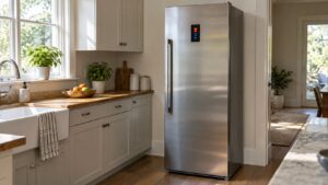 A stainless steel LG upright freezer standing in a bright kitchen corner, its control display glowing with an unreadable fault code