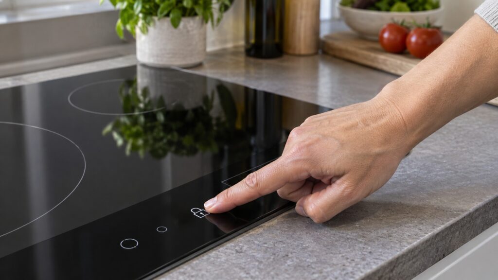 A hand pressing and holding a lock key on the touch panel of an LG cooktop