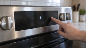 A close view of an LG range control panel with a small lock symbol lit on the display and a finger resting beside the keypad