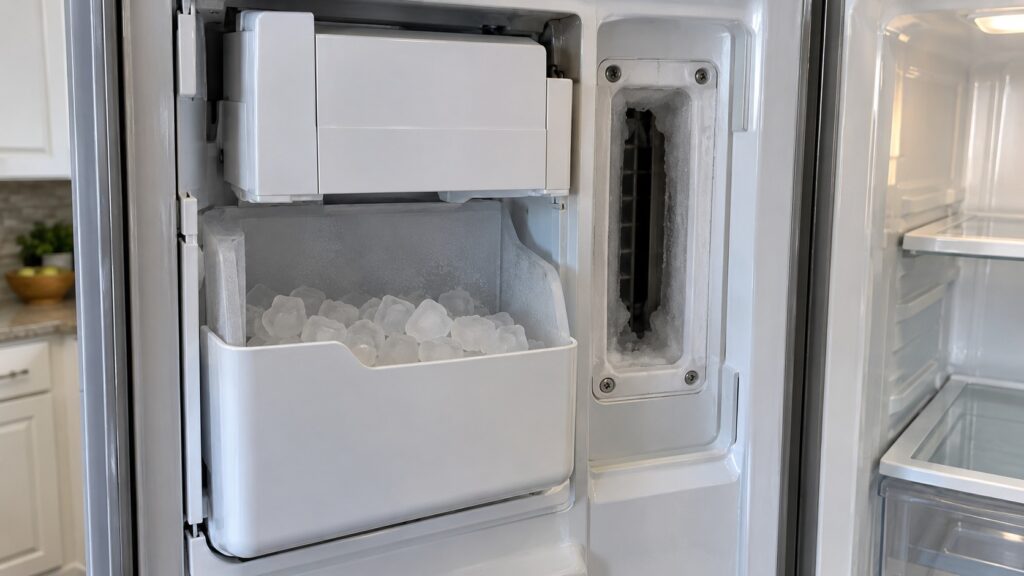 A close view of the ice bin and cold-air duct opening inside the door of an LG French door refrigerator