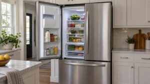 A stainless steel LG French door refrigerator with its left door open, showing the ice maker module built into the door above the shelves